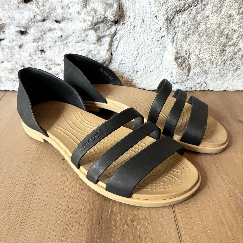 Crocs Tulum Open Toe Strappy Flat Lightweight Sandals Black Tan Womens 6